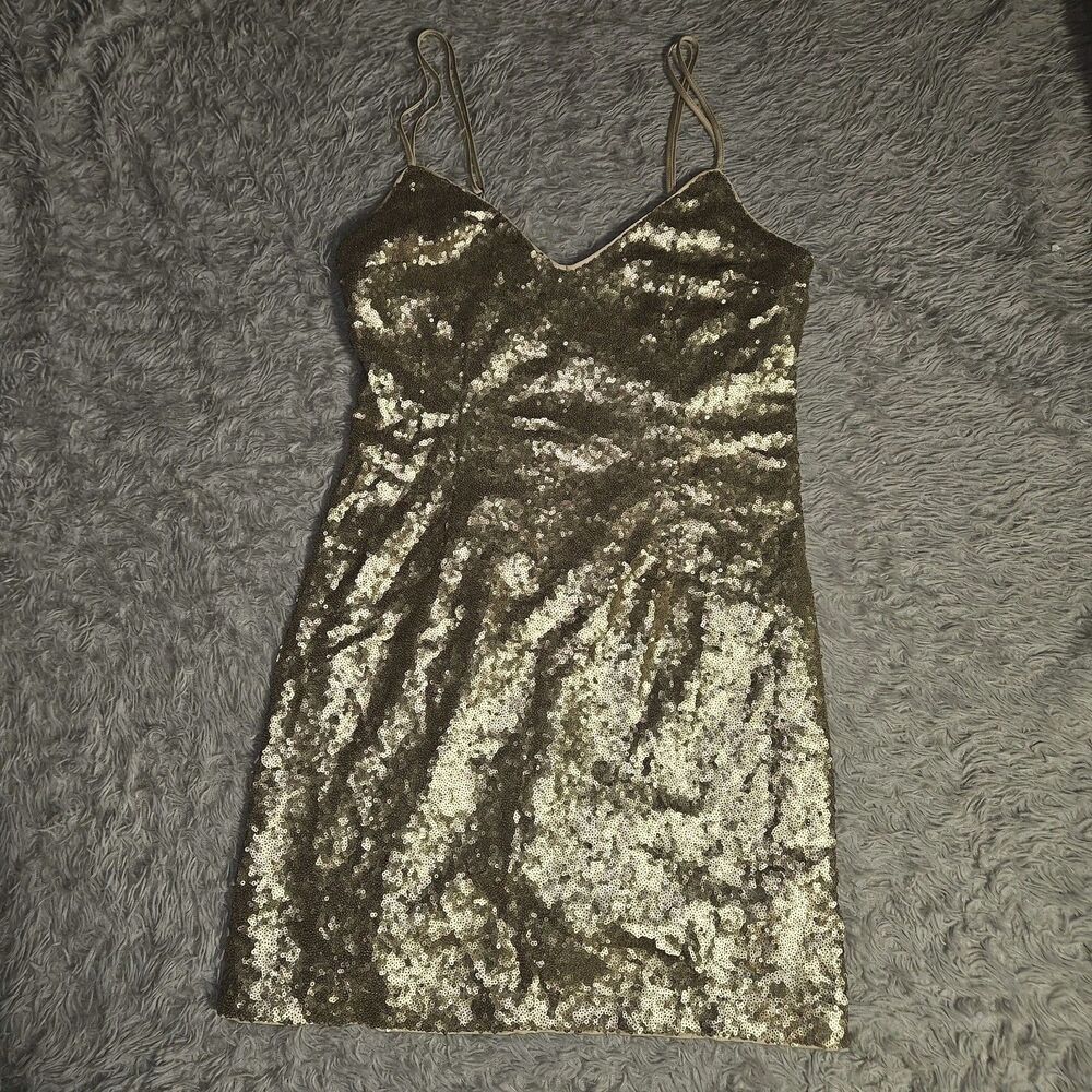 ABERCROMBIE & FITCH Medium Gold Sequin Slip Mini Dress Y2k NYE Glam Chic Preppy